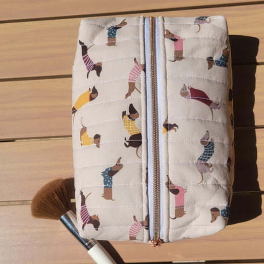 Waterproof dachshund cosmetic bag with a rose gold zipper