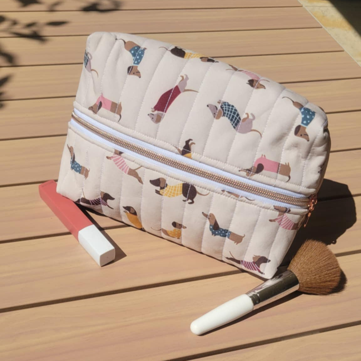 Quilted waterproof dachshund cosmetic bag with rose gold zipper