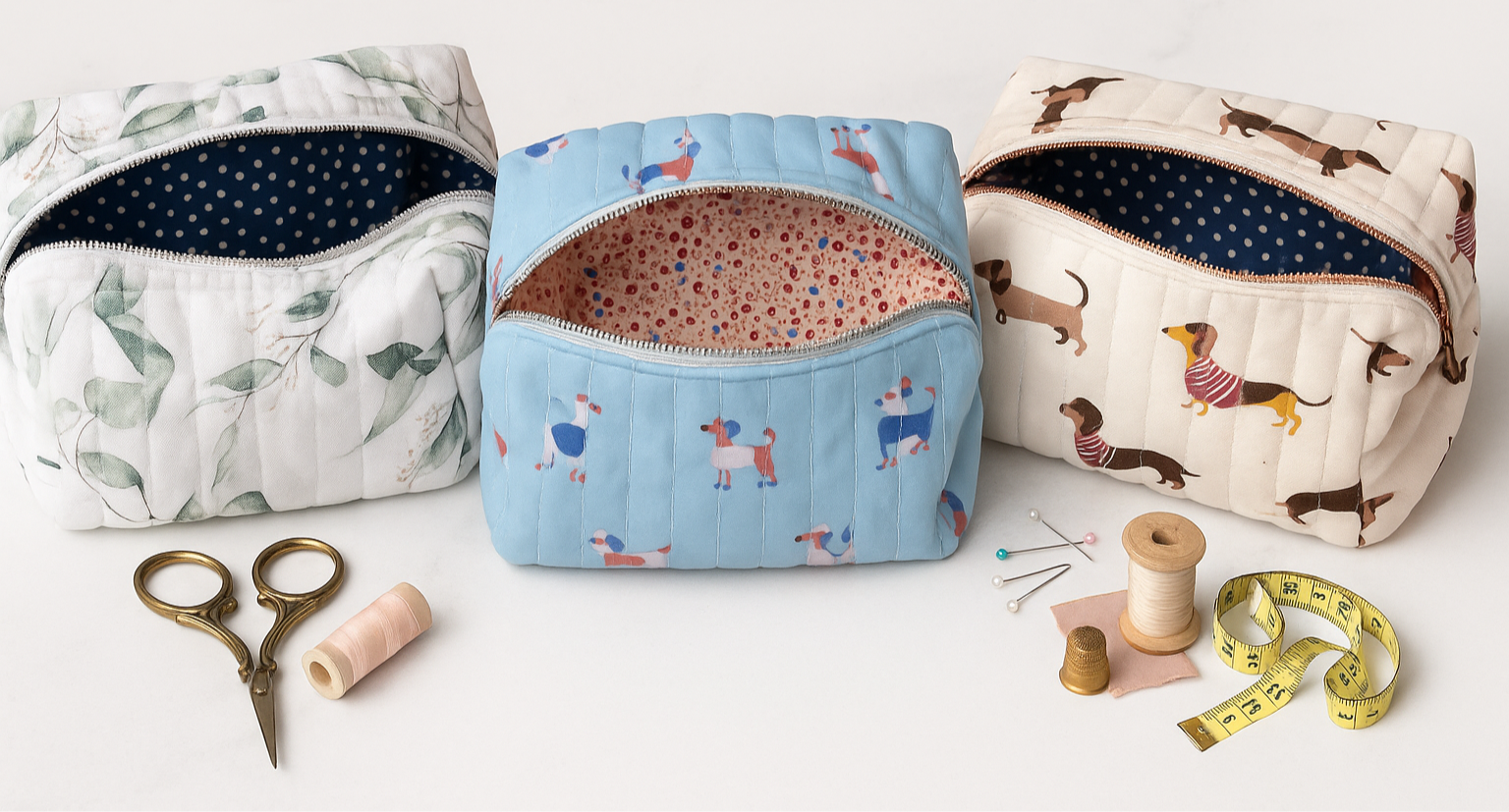 Custom homepage banner for Chance Designs featuring handmade makeup bags with sewing accessories