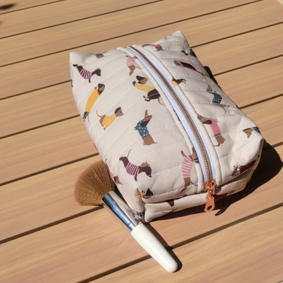 Waterproof dachshund cosmetic bag with rose gold zipper